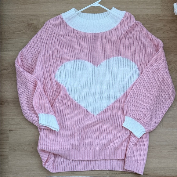 Pink Lily Sweaters - Pink Lily Pink and White Heart Crew Neck Sweater